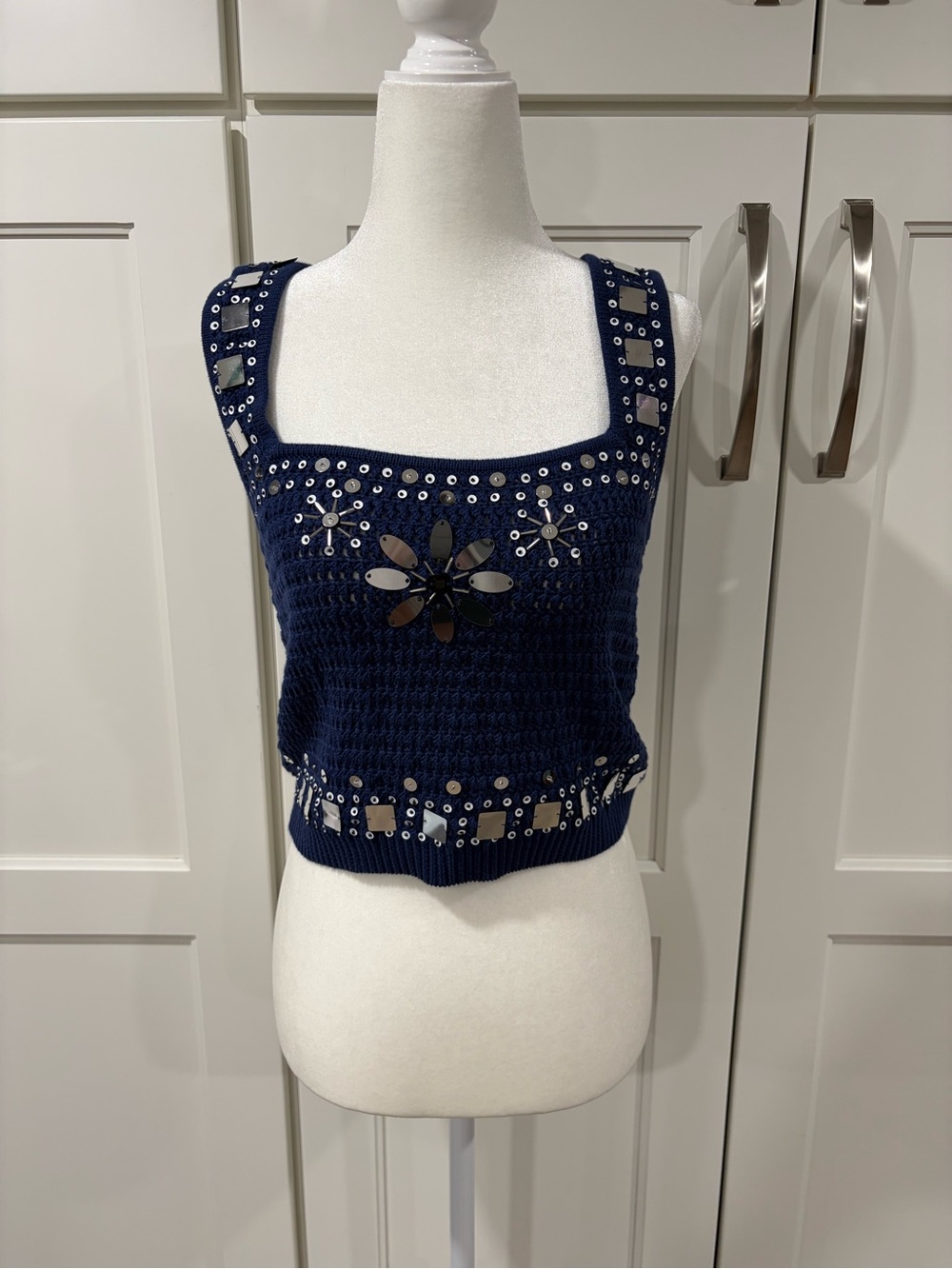 J. Crew Navy Embellished Cropped Knit Tank